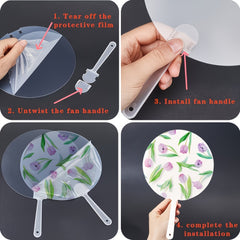 30pcs Elegant Floral Hand Fans, Craft with Plastic Handle, Pink Cherry Blossom And Green Leaves Design for Weddings, Music Festivals, Outdoor Events, Parties
