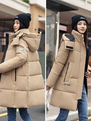 Sophisticated Winter Coat for Women Featuring a Hood And a Full Zipper, Perfect for Chilly Days. This Long-Sleeve Jacket Offers a Tailored Fit And Is Suitable for Both Outdoor And Everyday Travel. Dry Clean Only, Made with High-Quality Materials