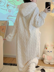 Adult Women's Hooded Night Dress - Preppy Style, Soft Flannel & Polyester Knit Fabric - Fall/Winter Lounge Wear | Cozy Fleece with Pockets | Machine Washable