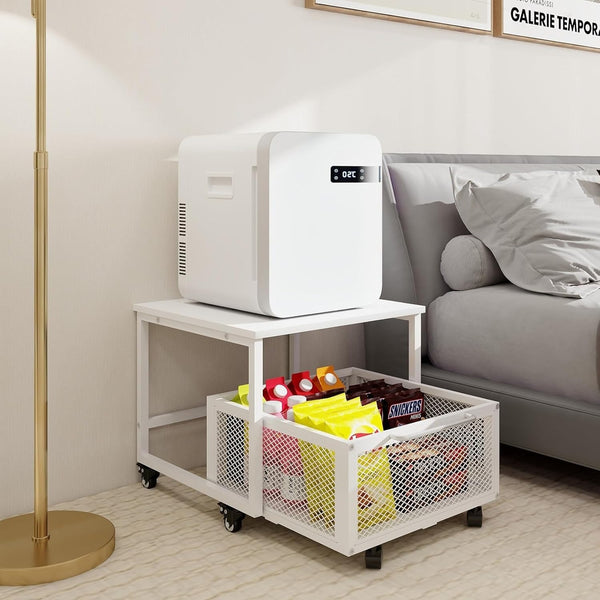 1pc Mini Fridge Stand with Storage, 50x50x42.3cm Mobile Refrigerator Stand with Lockable Wheels & Basket, Portable Cart for Kitchen Office - Perfect Home Upgrade