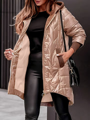 Women's Warm Winter Coat, Hooded Jacket, Mid-Length with Pockets and Asymmetrical Hem Padded Coat