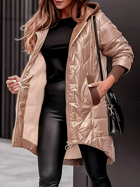 Women's Warm Winter Coat, Hooded Jacket, Mid-Length with Pockets and Asymmetrical Hem Padded Coat