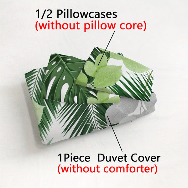 Monstera Green Bedding Set with Digital Printed Duvet Cover And Pillowcases