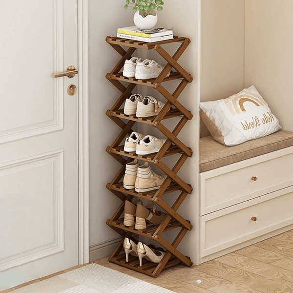 4/5/6/7 Tiers Bamboo Wooden Shoe Rack, Vertical Shoe Racks Storage Shelves Tall Shoe Tower, Collapsible Narrow Shoe Stand, Installation Free Folding X-Shape Shoe Racks Sneakers Slippers Holder Organizer, Multi Functional Shoe Rack Durable Footwear Cabinet