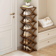 4/5/6/7 Tiers Bamboo Wooden Shoe Rack, Vertical Shoe Racks Storage Shelves Tall Shoe Tower, Collapsible Narrow Shoe Stand, Installation Free Folding X-Shape Shoe Racks Sneakers Slippers Holder Organizer, Multi Functional Shoe Rack Durable Footwear Cabinet