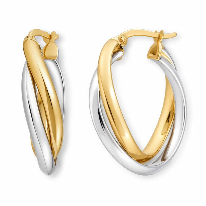 14Ct Yellow & White Gold Wave Hoop Earrings