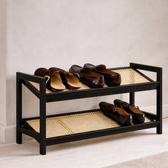 KEPLIN 2/3/4-Tier Bamboo and Rattan Shoe Rack Organizer – Durable, Easy Assembly – Compact Design for Entryway, Closet, or Hallway – Stylish and Functional Storage – Black and Natural