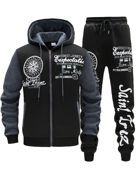 Men'S Bold Print Urban Streetwear Pullover Hoodie & Pants Set - Black & Red with 