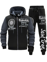 Men'S Bold Print Urban Streetwear Pullover Hoodie & Pants Set - Black & Red with 