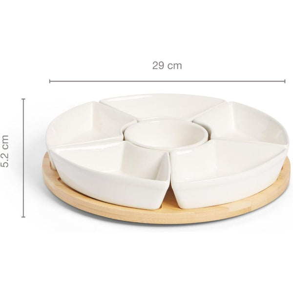 Christmas Divided tray as condiment bowl & snack platter, white buffet set for parties Rotating Snack Tray with 6 Removable Bowls Ceramic Divided Rotating Ceramic Serving Platter with Cover, Lazy Susan Storage Box for Taco Toppings, Snacks, Dip Sauces, Ki