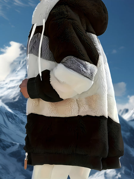 Women's Warm -Lined Hooded Winter Coat with Jacket - Brown & White Geometric/Striped Outer, Zippered Pockets, Machine Washable Casual Outerwear for Weather (Non-Stretch) | - Outer Jacket for women