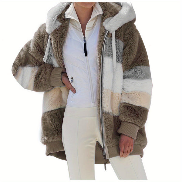 Women's 2025 Autumn Winter Warm Patchwork Hooded Coat - Zip Pockets Loose Fit Oversized Casual Outerwear