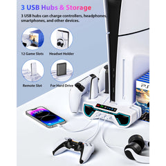 For Ps5/Slim/Pro Cooling Station And Controller Charging Station with RGB Stand for Playstation 5 Console - for PS5 Controller Charger, Cooling Stand Accessory Kit-Cooler Fan/Headset Holder/3 USB Hub, White
