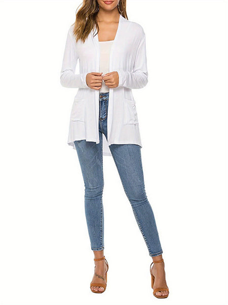 Women Simple Style Cardigan, Solid Color Long Sleeve Knitwear with Pockets, S/ M/ L/ XL/ XXL