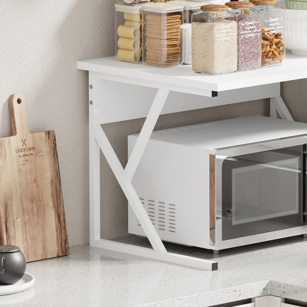 2-Tier Microwave Oven Shelf Stand, Kitchen Countertop Storage Rack Spices Rack Freestanding, Home Office Printer Stand Multifunctional Unit Shelving Wood Top Metal Frame