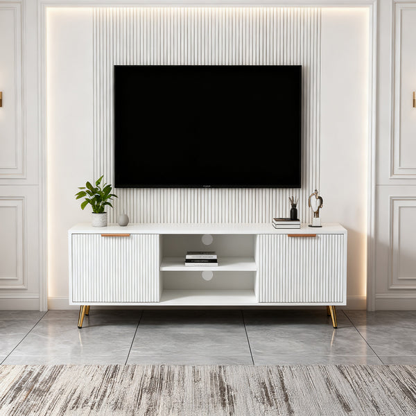 Modern Minimalist Style White Stripes TV Stand 47.2inch Media Unit Storage Cabinet with Open Storage Shelves Entertainment Center for 55 inches TVs Living Room Furniture Cupboard 120cm