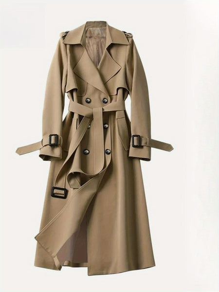 Women's Beige Knee-Length Coat - Elegant Loose-Fit Over Jacket with Front buttons & Zipper Closure, Non-Stretchy Outerwear for Petite Women, Fall Winter Formal & Casual Events (Machine Washable), Seasonal Fashion, Classic Design, Polished Finish, Office W