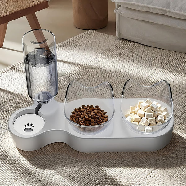 3-In-1 Pet Feeder, Pet Bowl, 40.01cm*9.3cm, Local Inventory Shipment, Triple Cat Bowl for Food And Water, Plastic Raised Cat Dish, Automatic Water Bottle, Food Bowl And Waterer Set, 15° Neck Guard, Dry And Wet Food Bowl Set for Cats