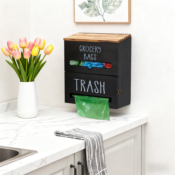 White/Black Two-Tier Wooden Trash Bag Storage Box Trash Bag Holder, Kitchen Plastic Wrap & Bag Organizer with Lid, Large Capacity Hanging Storage Container, Household Storage Accessories
