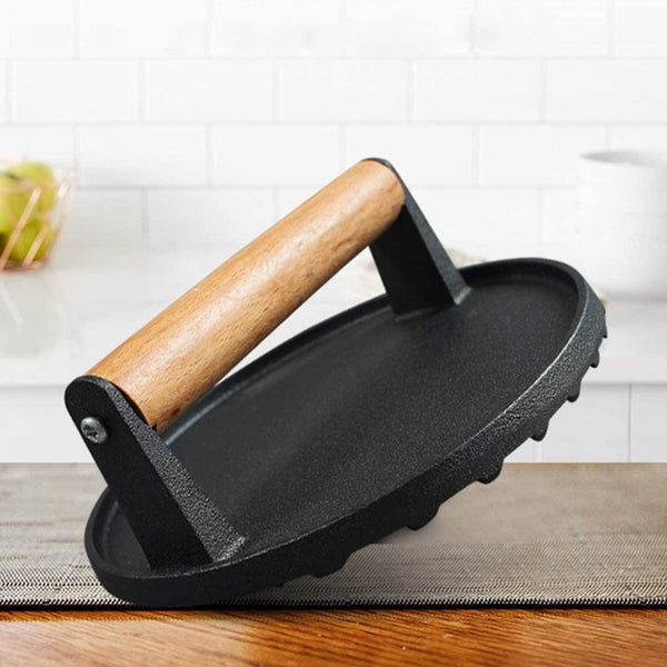 Round 7 Inch Cast Iron Grill Press with Wooden Handle - Heavy-Duty Burger Weight Press for Kitchen Use