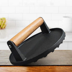 Round 7 Inch Cast Iron Grill Press with Wooden Handle - Heavy-Duty Burger Weight Press for Kitchen Use