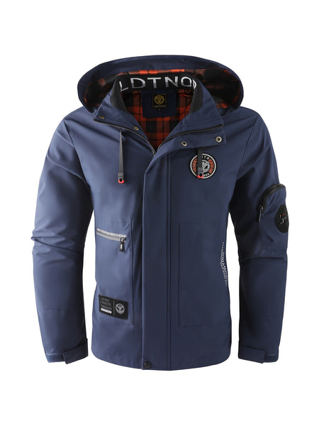Multiple Pocket Design Men's Embroidery Long Sleeve Zip Up Drawstring Hooded Jacket, Men's Stand Collar Thin Jacket for Spring Outdoor