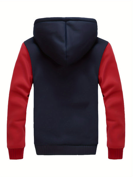 Men'S Cozy Fleece Hoodie, Stylish Color-Blocked Jacket for Autumn And Winter