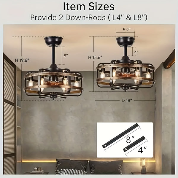 Caged Ceiling Fans with Lights, 50.8 cm Rustic Industrial Flush Mount Ceiling Fan Light, 3-Speed Quiet Reversible Motor, E14 X 6 Base Timing Fandelier Ceiling Fans for Indoor Bedroom, Kitchen, Living Room
