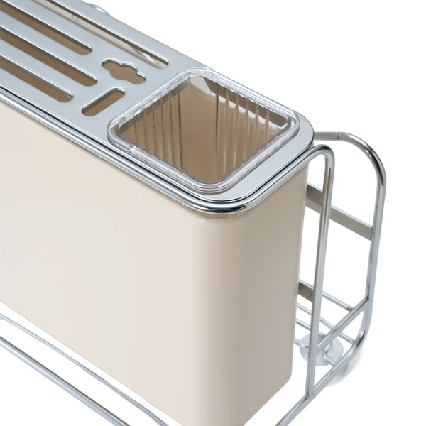1pc Cream Kitchen Utensil Storage Rack with Drainage Tray, Multifunctional Cutlery Slots for Spoon, Knife, Fork, Shovel, Knives, Chopsticks, Chopping Boards, Pot Lids and More, Durable Structure, Compact Countertop Design, Versatile Kitchen Organizer, Des