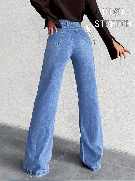 High-Waisted Mid-Blue Stretchy Denim Slightly Flared Pants That Enhance The Buttocks And Create a Effect in a European Style