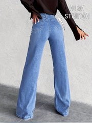 High-Waisted Mid-Blue Stretchy Denim Slightly Flared Pants That Enhance The Buttocks And Create a Effect in a European Style