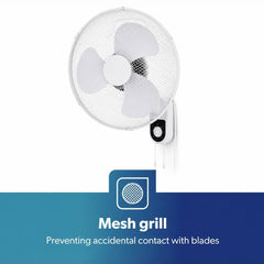 16 Inch Wall Fan Remote Control Oscillating 3 Speed 45W White