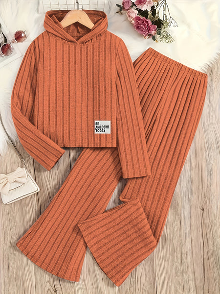 A Set of Women's Ribbed Letter Applique Hoodie and Flared Pants