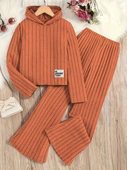 A Set of Women's Ribbed Letter Applique Hoodie and Flared Pants