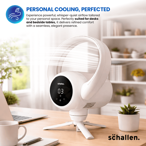 Schallen White 2 In 1 Bladeless Fan Floor and Desk Table Fan with Digital Display and Remote Control, Quiet Adjustable Cooling Fan for Home Office Bedroom, Modern White and Black Tower Fan with Safe Bladeless Airflow, Portable Standing or Desktop Fan with