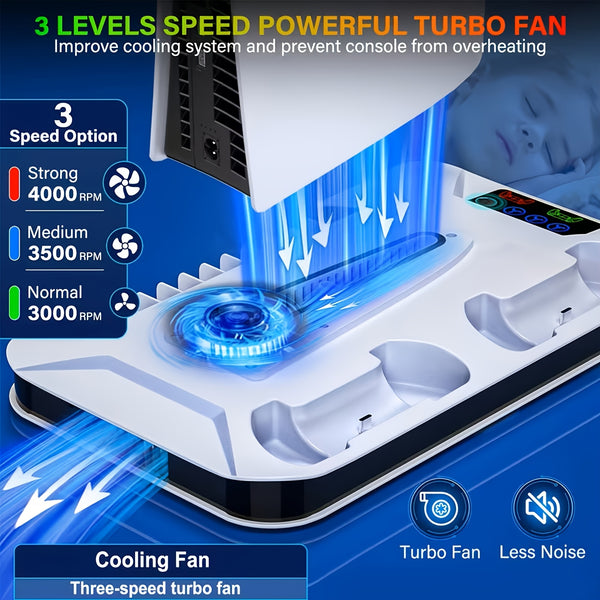 For Ps5/Slim/Pro Cooling Station Stand with Dual Controller Charging Station for Playstation 5 Console, for PS5 Additions Incl. Controller Charger, Cooling Fan, Headset Holder, 3 USB Hub