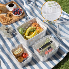 4 Piece Double Drainage Crisper, Outdoor Handheld Picnic Box, Field Fruit & Vegetable Organizer, Picnic Double Drainage, Refrigerator Crisper, Gray & White