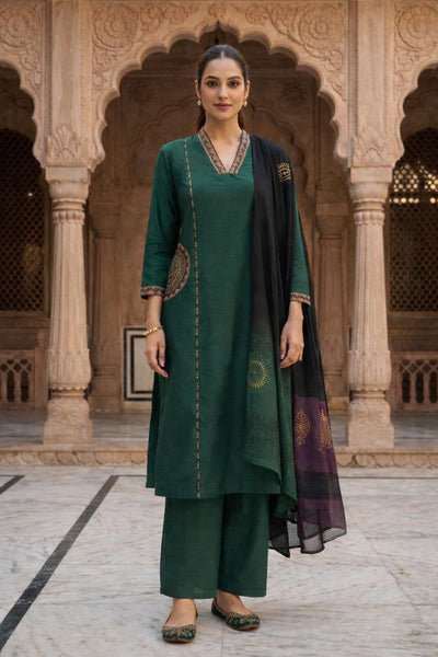 TeamWear* Womens Cotton Embroidered Neck and Dual Pockets Kurta Set with Palazzo and Contrast Dupatta