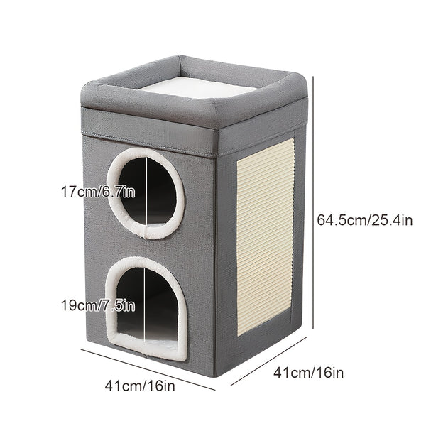 Large 3-in-1 Cat House Cat Cave Cats Foldable Cat Bed - Cozy, Washable & Easy-to-Clean, All-Season Enclosed Pet Nest with Scratching Board, Polyester, Gray with Fluffy Interior for Comfortable Cat Living, Kitten Bed, for Cats Small Dogs41 * 41 * 64cm