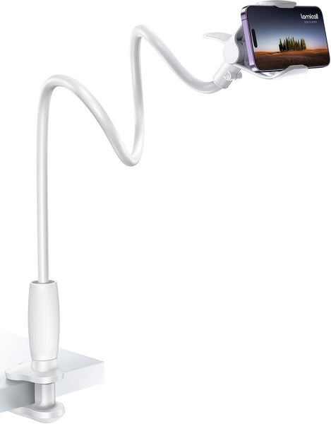 Lamicall Gooseneck Bed Phone Holder - [80 Mm Clamp Base] Universal Flexible Lazy Arm for Desk, 360 Overhead Phone Mount Clip for Iphone 16 15 14 13 12 11 Series, Xs XR, Samsung, 4-7” Cellphone - Black