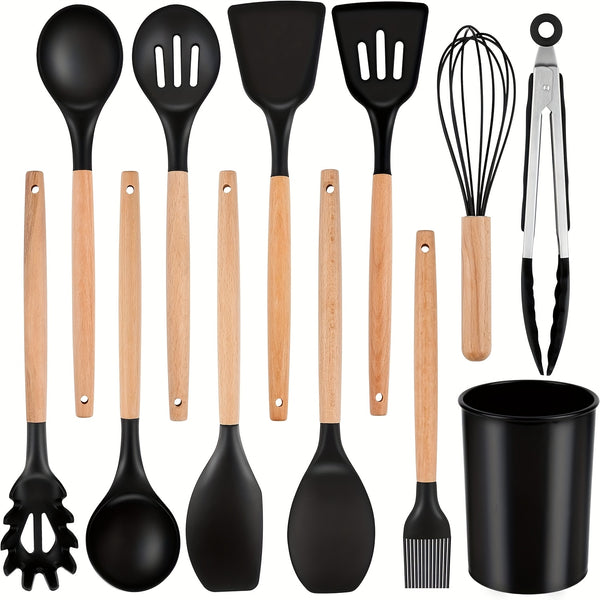 12pcs/22pcs/30pcs/37pcs, Kitchen Utensils Set, Kitchen Cooking Utensils Set, Spoon, Spatula, 446F Heat Resistant Non Stick Food Grade Silicone And Wooden Handles, Measuring Cups And Spoons, S Hooks