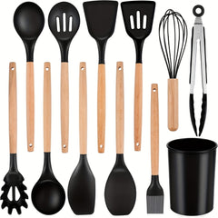 12pcs/22pcs/30pcs/37pcs, Kitchen Utensils Set, Kitchen Cooking Utensils Set, Spoon, Spatula, 446F Heat Resistant Non Stick Food Grade Silicone And Wooden Handles, Measuring Cups And Spoons, S Hooks