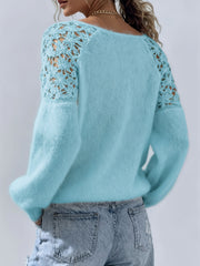 Women's Hollow-Out Lace Off-Shoulder Lace Sleeve Patchwork Pullover Sweater, Fluffy and Elegant