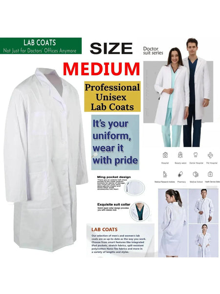 ATEK White Lab Coat Premium Cotton Blend, Medium Size, Ideal for Food Industry, Labs, Medical Professionals - Breathable, Durable, Easy Maintenance
