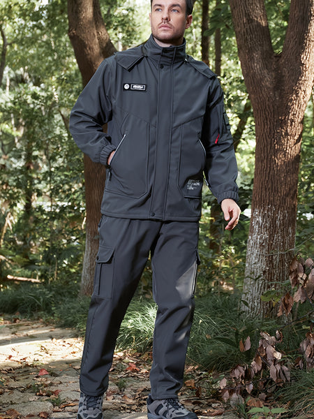 Men'S Thick Fleece Winter Warm Set, Workwear Casual Jacket with Hooded Zipper, Multi-Pocket Jacket, Casual Autumn Winter Men'S Jacket, Long Pants, Fleece Set, Warm Outdoor Hiking, Wear-Resistant