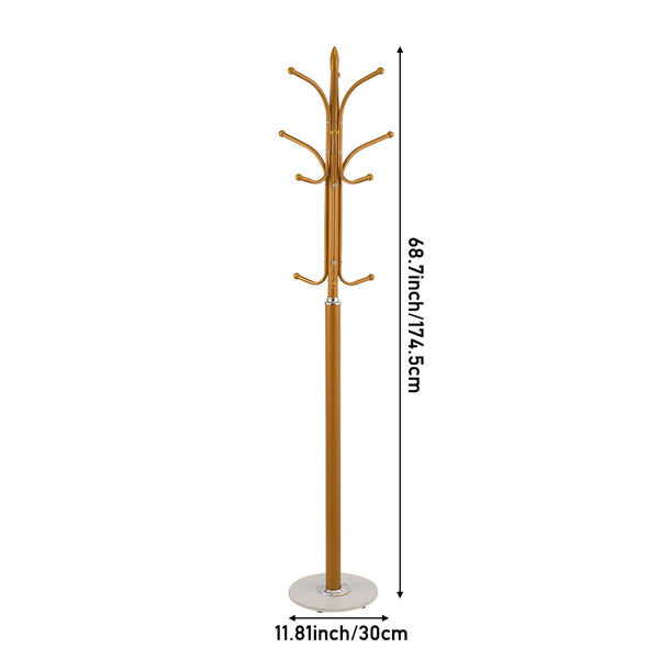 12-Hook Stylish Freestanding Coat Rack, Column-style Heavy Duty Metal Hat Stand with Solid Marble Base, 180cm Tall 4.7cm Thick Pole, Gold Black White Finish for Hallway, Office, Boutique Display