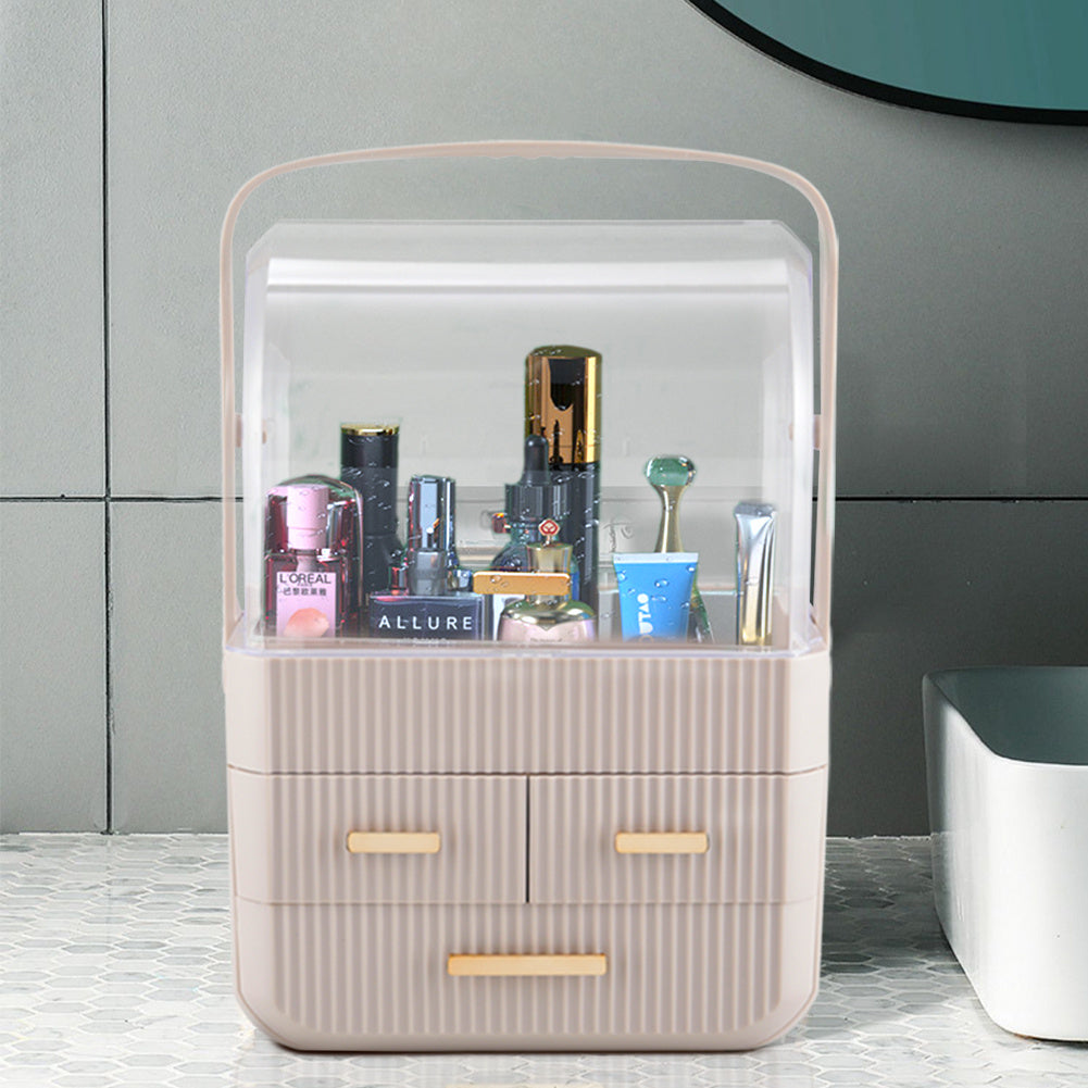 3-Tier Pink Jewelry Storage Box with Protective Lids, Plastic Makeup Organizer Features Multi-Drawer System, Desktop Display Case 24.6x18.6x35.3cm Perfect for Organizing Lipsticks, Cosmetics and Jewelry Pieces on Bathroom Counter and Dresser Top