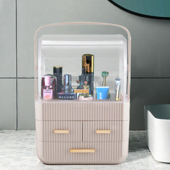3-Tier Pink Jewelry Storage Box with Protective Lids, Plastic Makeup Organizer Features Multi-Drawer System, Desktop Display Case 24.6x18.6x35.3cm Perfect for Organizing Lipsticks, Cosmetics and Jewelry Pieces on Bathroom Counter and Dresser Top