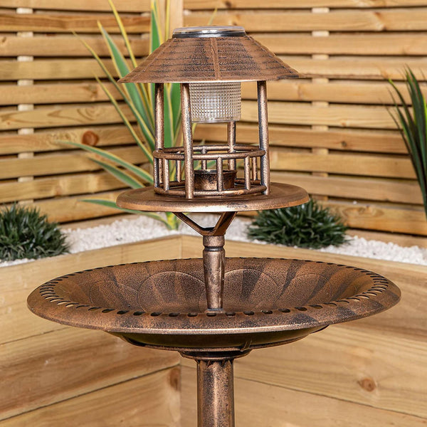 Taylor & Brown 3 In 1 Copper Effect Bird Bath & Table Bird Hotel Feeder with Solar Light and Planter Lightweight Fountain Decoration Garden Outdoor Birds Water, Bronze
