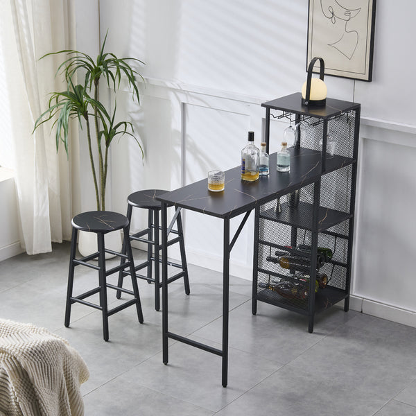3pcs Bar Table and Stools Set, Kitchen Breakfast Bar Table and Chairs Set 2 with Cup Holder and Wine Rack, Bar Table Sets Furniture for Kitchen, Dining Room, Pub, Cafe